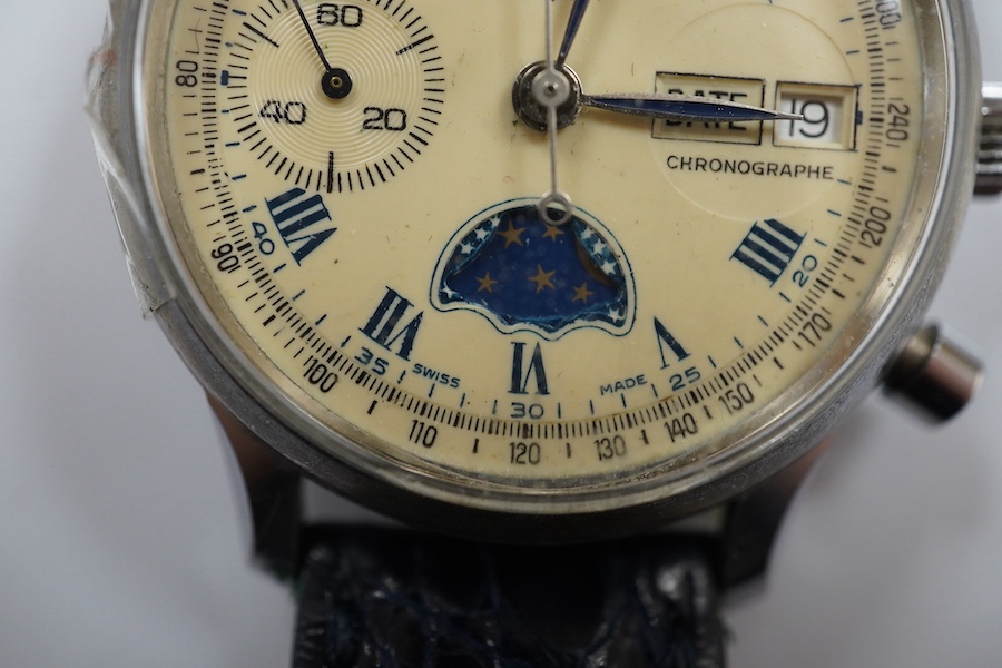 A gentleman's stainless steel calendar moonphase chronograph manual wind wrist watch, case diameter 36mm, on a later associated strap. Condition - poor to fair